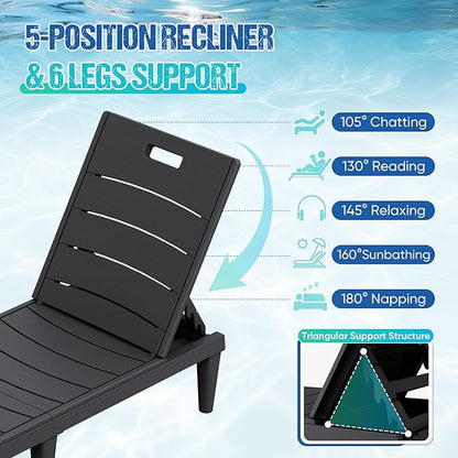 Greesum Outdoor Chaise Lounge Chair Set of 2, Waterproof 5-Position Adjustable PP Sun Loungers for Patio, Poolside, and Beach Sunbathing, Black