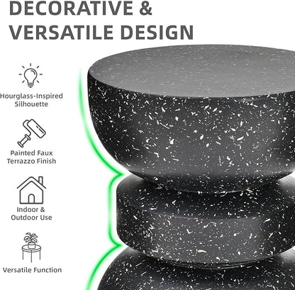 18" H Modern Black Side Table for Living Room, Decorative Terrazzo Finish MGO Outdoor End Table, Versatile as Coffee Table, Stool, Plant Stand, Weather-Resistant for Garden Patio Deck Use