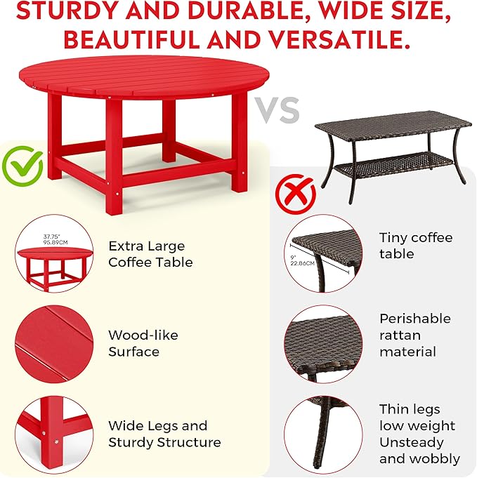 Costaelm Patio Conversation Table, Tatio Accent HDPE Outdoor Weather Resistant, Round Outdoor Porch Balcony Patio Drink Table for Outside, Pool, Backyard, Red