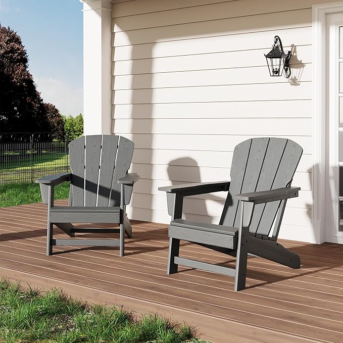GarveeLife Modern HDPE Plastic Adirondack Chair Set of 2 - Oversize 380 LB Poly Lumber Weather Resistant Firepit Chair - Outdoor Patio Chairs with Wooden Textured for Deck, Pool, Porch - Grey