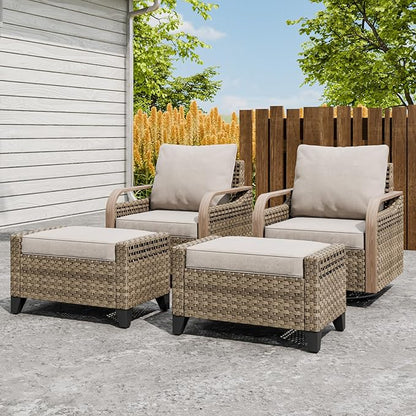 Modern Wicker Outdoor Swivel Rocking Chairs, Rattan Glider Rocker Patio Furniture for Backyard, Deck, Porch, Garden, 2 Chairs 2 Ottomans, Brown/Gray