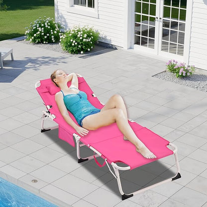 Pink 3-in-1 Heavy Duty Tanning Chair with Face Hole, Portable Folding Chaise Lounge Chair with Adjustable 5-Position Recline, Sun Tanning Chairs for Outdoor Sunbathing, Pool