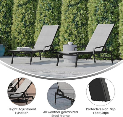 Flash Furniture Brazos Set of 2 Adjustable Chaise Lounge Chairs with Arms, All-Weather Outdoor Five-Position Recliners, Black/Gray