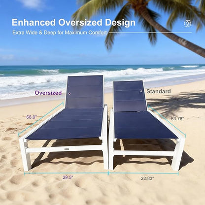 PURPLE LEAF Outdoor Oversized Chaise Lounge Set for Tall & Strong Individuals Adjustable Recliner Extra Wide Lounge Chairs with Side Table for Poolside Patio Aluminum Chaise Lounger Navy Blue 2 Sets