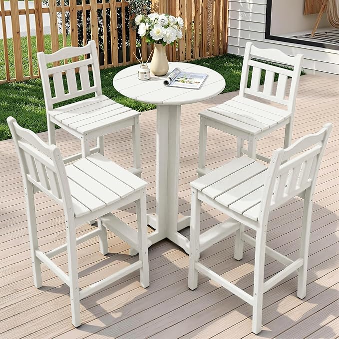5-Piece Outdoor Bar Set, HDPE Adirondack Bar Height Chairs Set of 4 and Round Pub Table, All Weather Outdoor Patio Bar Furniture for Bistro, Deck, Balcony, Poolside(White)
