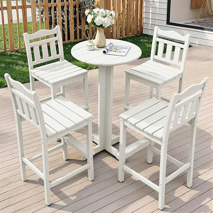 5-Piece Outdoor Bar Set, HDPE Adirondack Bar Height Chairs Set of 4 and Round Pub Table, All Weather Outdoor Patio Bar Furniture for Bistro, Deck, Balcony, Poolside(White)