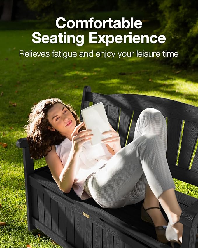 YEFU Outdoor Storage Bench for Patio: Heavy Duty Garden Bench Set of 2 with 96° High Backrest & Oversized Seating - HIPS Weatherproof Patio Bench with Storage for Porch Park Backyard, Black