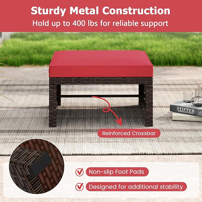 RELAX4LIFE Wicker Outdoor Ottoman Set of 2 - Rattan Footstools Foot Rest w/Removable Cushions, Multipurpose Side Table & Additional Seating, Outdoor Ottomans for Patio Garden Porch (Brown-Red)