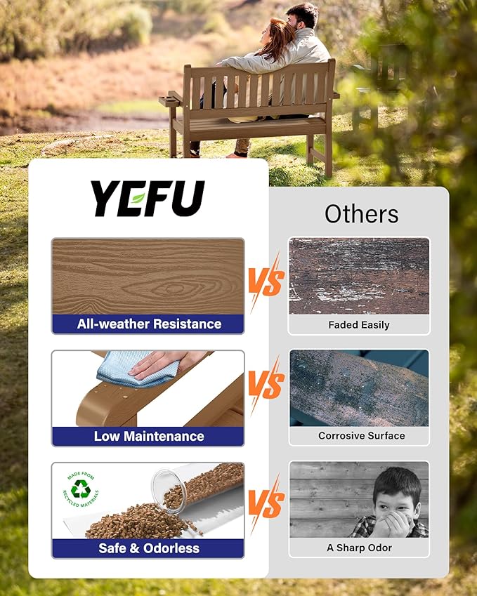 YEFU Outdoor Bench for Patio Waterproof: Heavy Duty 2-Person Garden Bench Set of 2 with 2 Cup Holders & Oversized Seating - HIPS Weatherproof Patio Benches for Front Porch Backyard Park, Teak