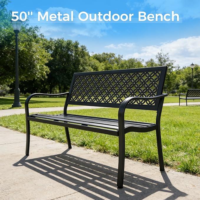Grand patio 50" Outdoor Bench, Garden Benches with Anti-Rust Metal Powder Coated Frame, Patio Bench for Front Porch Park Outside Furniture Decor, Black