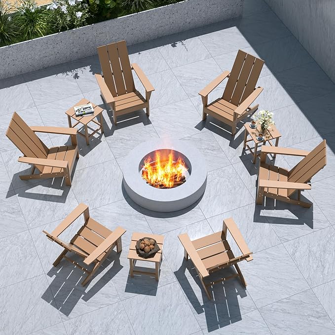 9 Pieces Adirondack Chair Set Outdoor Adirondack Chair Plastic HDPE All-Weather Adirondack Chairs Outdoor Fire Pit Chairs with Table for Deck Patio Garden（Brown）