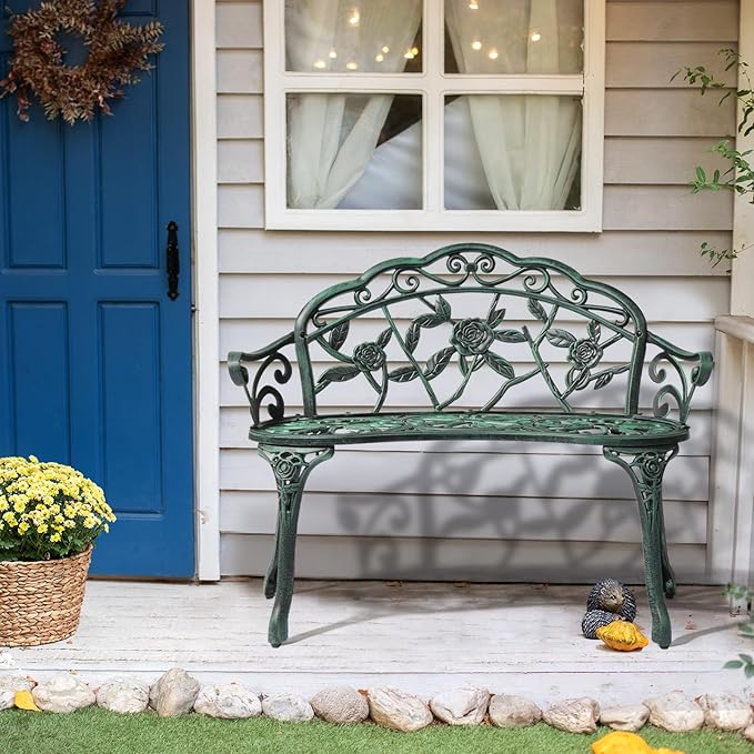 Outvita Outdoor Bench, 38"" Cast Aluminum Garden Bench Anti-Rust Weather Resistant Patio Bench Rose Pattern Bench for Front Porch, Backyard, Lawn, 1, Green