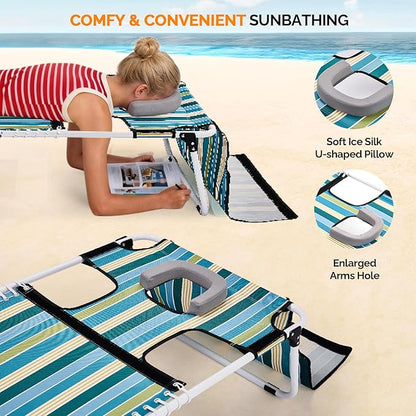 VINGLI Oversized Tanning Chair with Face Hole & Carrying Bag, Beach Lounge Chair Outdoor for Adults, Folding Lounge Chair for Sun Tanning, laying Out Chairs for Tanning Lounger Outside, 475lbs, Stripe