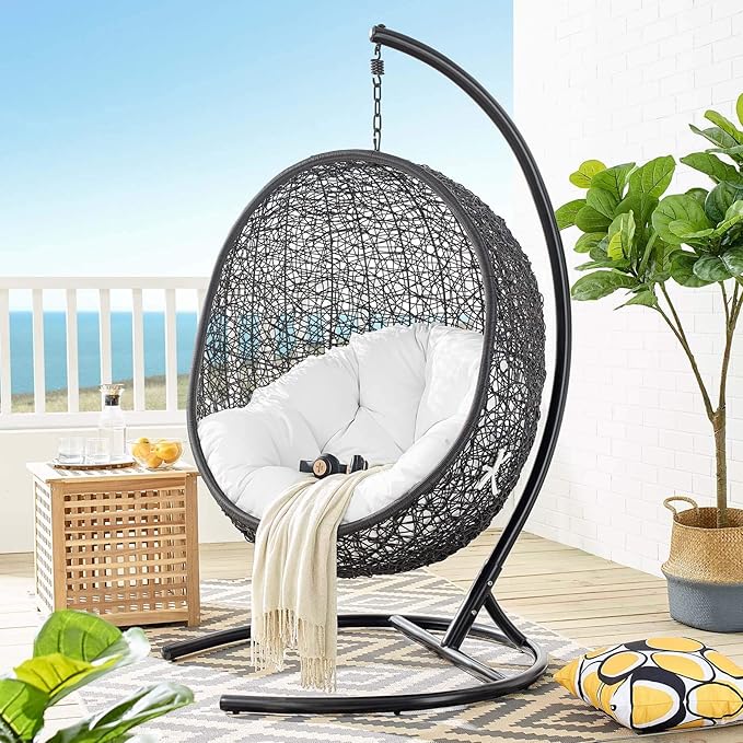 Modway Encase Wicker Rattan Outdoor Patio Porch Lounge Egg Swing Chair with Stand in White - Photo 9