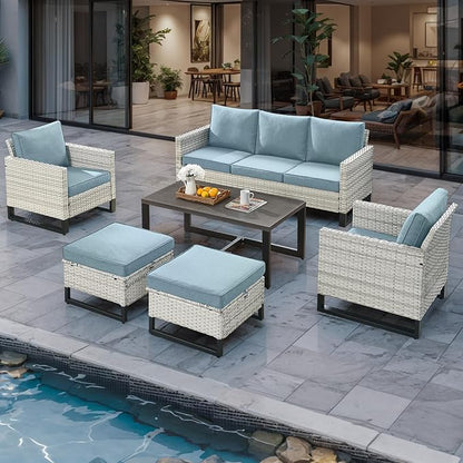 Rilyson Wicker Outdoor Couch Patio Sofa - 3 Seater Rattan Outdoor Patio Couch with Waterproof Wicker,Comfortable Cushions and Sturdy Metal Frame for Outside Porch Deck Backyard(Light Grey/Sky Blue)