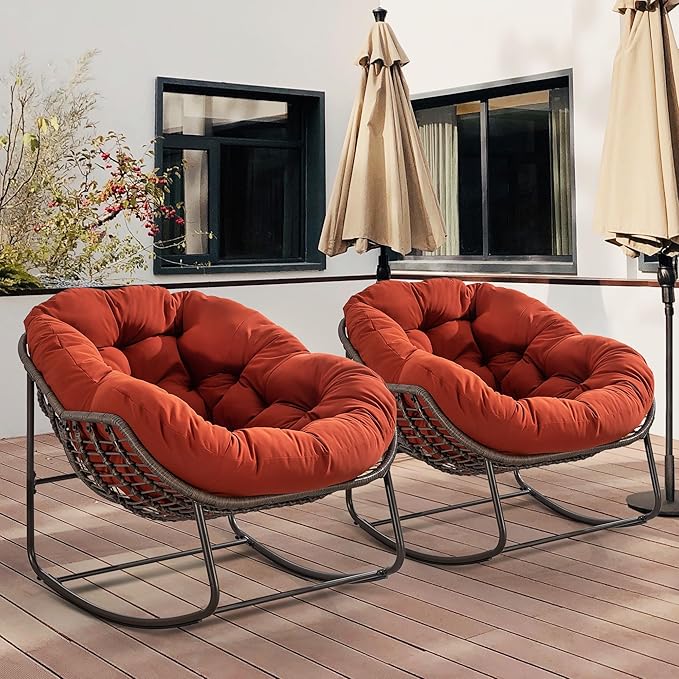 HOMEFUN Outdoor Patio Rocking Chairs Set of 2, Oversized Papasan Rock Chair Indoor with Padded Cushion - Rocker Egg Seat for Front Porch, Garden, Backyard Orange