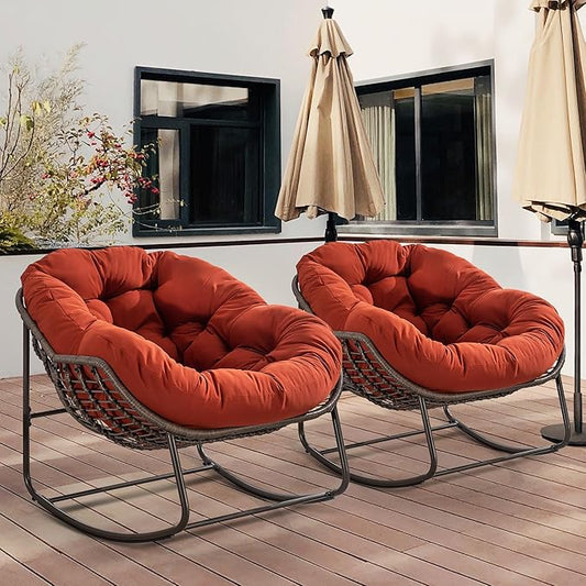 HOMEFUN Outdoor Patio Rocking Chairs Set of 2, Oversized Papasan Rock Chair Indoor with Padded Cushion - Rocker Egg Seat for Front Porch, Garden, Backyard Orange