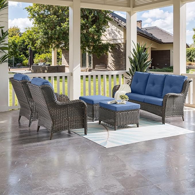 HUMMUH Outdoor Furniture 5 Pieces Patio Furniture Set Wicker Outdoor Sectional Sofa with 2 Patio Chairs,Ottomans