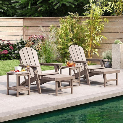 BRIOPAWS Adirondack-Chairs-with-Pull-Out-Footrest | Set of 4 | Folding | HDPE Plastic | Fire Pit Chair | All Weather | Cup Holders | Curved Back | Retractable Ottoman | for Poolside Deck | Light Brown