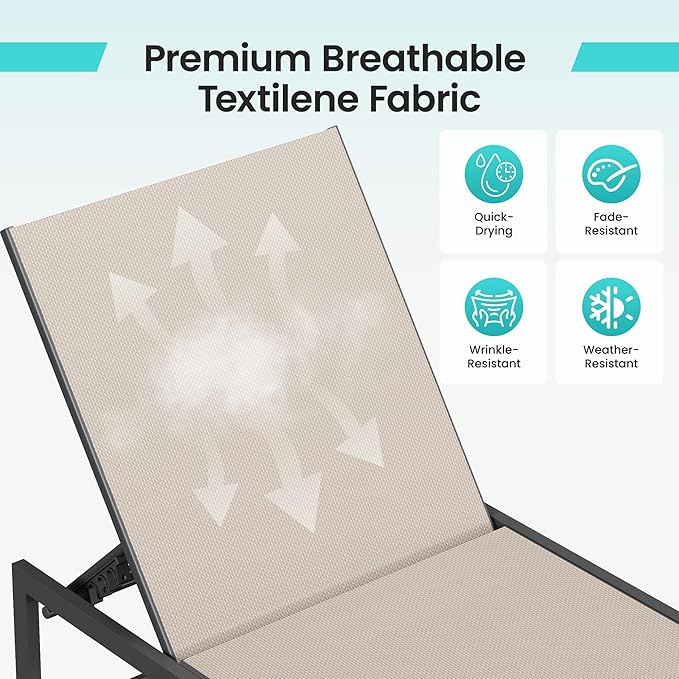 Amopatio Outdoor Patio Lounge Chair, Adjustable Heavy-Duty Chaise Lounge for Poolside, Weather Resistant Pool Lounge Furniture Set with Table for Backyard Beach, 400 LBS Capacity(Khaki)