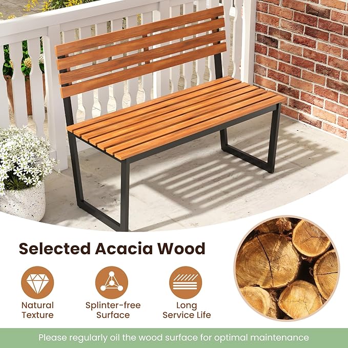 Tangkula 43" Outdoor Wood Bench, 2-Person Acacia Wood Bench with Heavy-Duty Metal Frame, Slatted Seat & Inclined Backrest, 800 lbs Weight Capacity, Patio Bench for Porch, Yard, Balcony, Lawn
