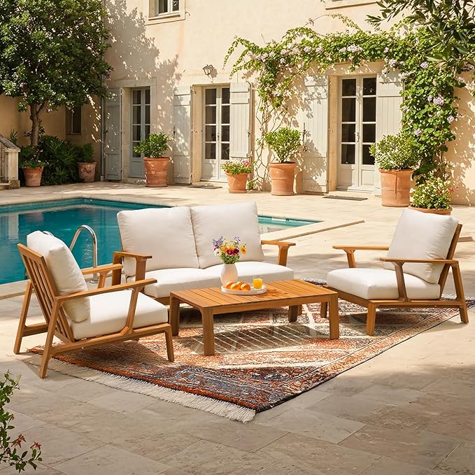 Idzo Jasper Solid Acacia Wood Loveseat Patio Set with Beige Cushions & Coffee Table – Modern Outdoor Furniture for - Photo 9