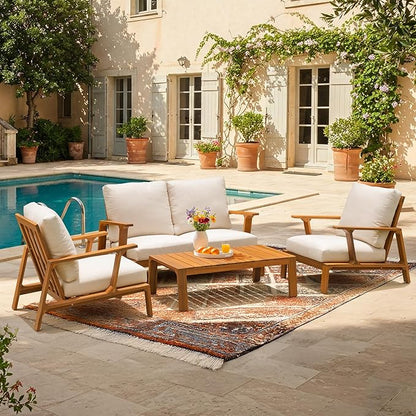 Idzo Jasper Solid Acacia Wood Loveseat Patio Set with Beige Cushions & Coffee Table – Modern Outdoor Furniture for Poolside, Garden, or Deck
