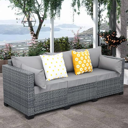 Wicker Patio Couch Outdoor 3-seat Sofa with All-Weather Rattan Deep Seater Outdoor Couch with Royal Blue Cushions