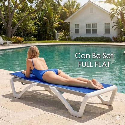Kozyard Outdoor Chaise Lounge Chair, Full Flat Adjustable Patio Lounger with Aluminum Frame & Resin Legs, Textilene Fabric for Poolside, Backyard & Beach (Blue, Chair with Table)