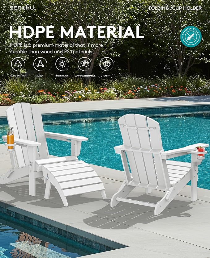 SERWALL Folding Adirondack Chair, Dual Cup Holders & All-Weather HDPE, Wood-Like Patio Chair for Backyard - Photo 9