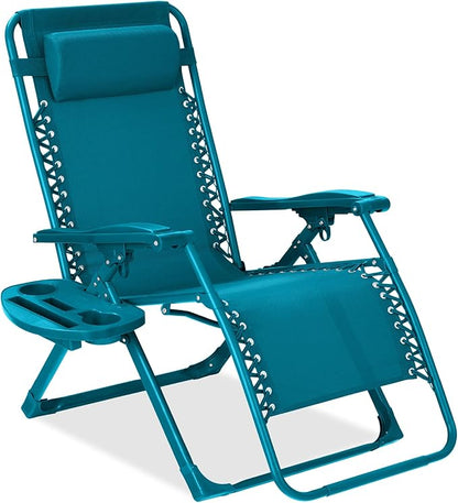 Best Choice Products Adjustable Zero Gravity Chair, Monochromatic Color Folding Patio Recliner w/Side Tray, Headrest - Peacock