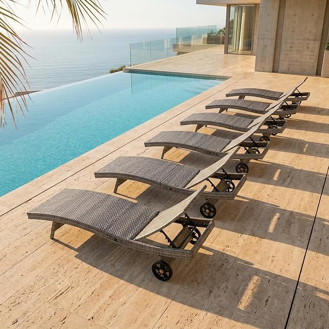 OVENTA Outdoor Wicker Patio Chaise Lounge Chair with Wheels Set of 6, Gray Rattan Pool Furniture Lounger for Outside Poolside Lounges, Jumbo Co Chaise Lounge Chairs, Wicker Patio Pool Furniture