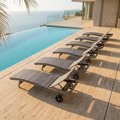 OVENTA Outdoor Wicker Patio Chaise Lounge Chair with Wheels Set of 6, Gray Rattan Pool Furniture Lounger for Outside Poolside Lounges, Jumbo Co Chaise Lounge Chairs, Wicker Patio Pool Furniture