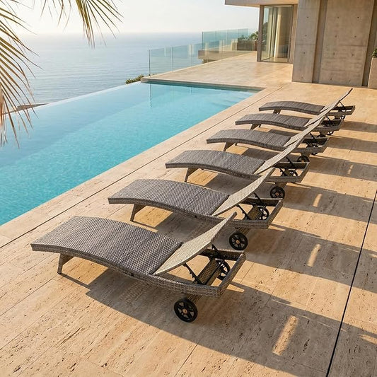 OVENTA Outdoor Wicker Patio Chaise Lounge Chair with Wheels Set of 6, Gray Rattan Pool Furniture Lounger for Outside Poolside Lounges, Jumbo Co Chaise Lounge Chairs, Wicker Patio Pool Furniture