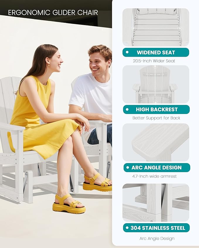 SERWALL Outdoor Glider Chair Set of 4, HDPE Wood-Like Patio Glider Rocker All-Weather Porch Glider for Outside, White - Photo 6