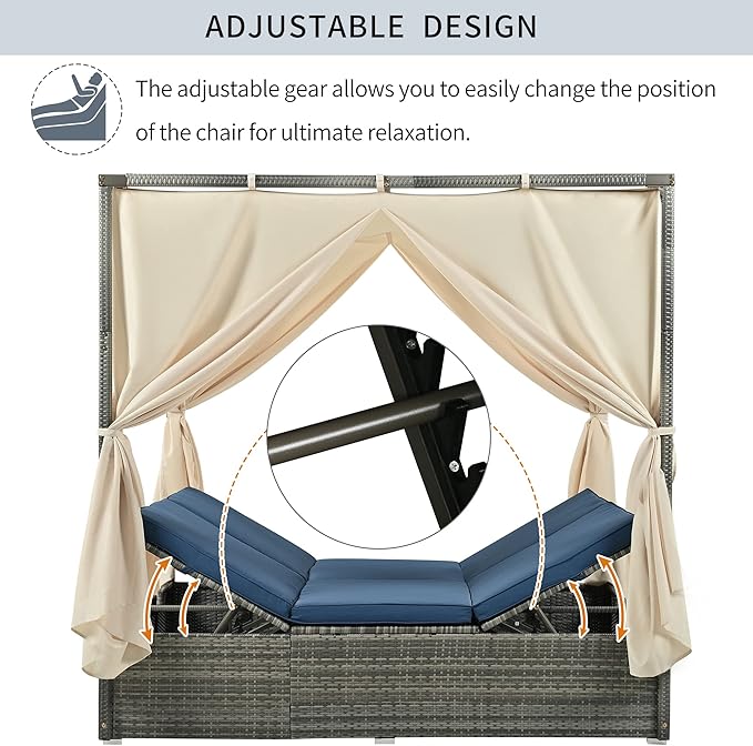 Merax Outdoor Patio Wicker Sunbed Daybed with Canopy, Overhead Curtains, Cushions, Lounge Chairs with Adjustable Seats, Blue