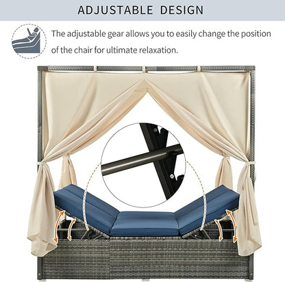 Merax Outdoor Patio Wicker Sunbed Daybed with Canopy, Overhead Curtains, Cushions, Lounge Chairs with Adjustable Seats, Blue