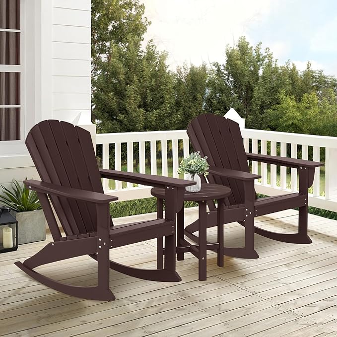 Costaelm Outdoor Adirondack Chair, All Weather Resistant Lawn Chairs Balcony Chair and Fire Pit Chairs, Deck Chairs Outdoor Porch Rocking Chair High Back HDPE Poly Lumber, Dark Brown