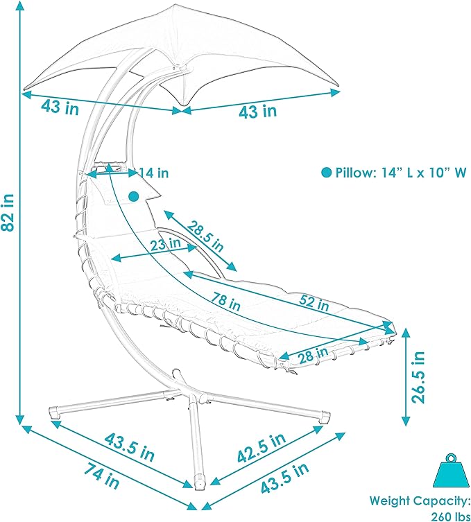 Sunnydaze Floating Chaise Lounger Swing Chair with Umbrella Canopy - Curved Steel Hammock Lounge Chair with Cushion and Pillow - Removable Cushion and Umbrella Shade - 82-Inch Tall - Teal