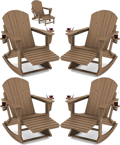 KINGYES Adirondack Rocking Chair Set of 4 with Retractable Ottoman and Cup Holders, HDPE Adirondack Rocker Patio Rocking Chair for Porch, Patio, Balcony, Brown