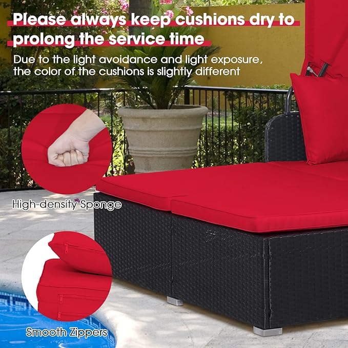 RELAX4LIFE Patio Outdoor Daybed with Canopy, Wicker Sunbed w/Cushions, 4 Pillows & 2 Retractable Side Trays, 2-Person Lounge Bed Conversation for Poolside Porch Garden, Rattan Outdoor Bed (Red)