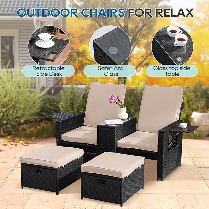 5PCS Outdoor Wicker Chaise Lounge Chair - Rattan Adjustable Reclining Patio Lounge Chair with Ottoman and Coffee Table, for Patio Beach Pool Backyard (Black Wicker Khaki Cushion)