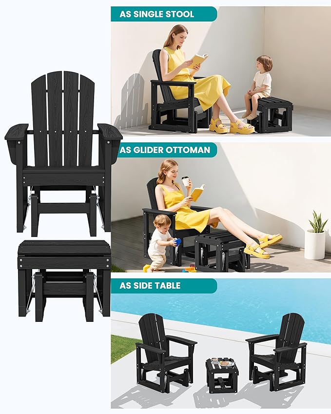 SERWALL Outdoor Glider Chair Set of 2 with Ottoman, HDPE Wood-Like Patio Glider Set All-Weather Porch Glider for Outside - Photo 4