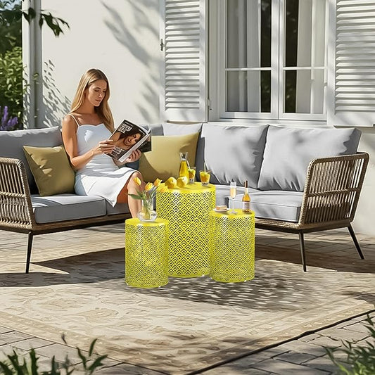 Outvita Outdoor Nesting Tables Set of 3, Heavy Duty Metal Frame Accent Modern End Table, Portable Side Table for Indoor, Outdoor, Living Room, Meander Pattern - Yellow