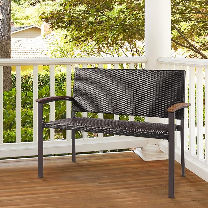 Tangkula 2 Pieces Outdoor Stackable Bench, All-Weather PE Wicker Loveseat with Acacia Wood Armrests, 2-Person Heavy Duty Metal Frame Patio Bench, for Garden, Front Porch, Courtyard