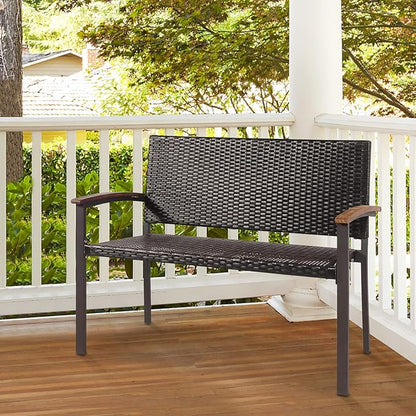 Tangkula 2 Pieces Outdoor Stackable Bench, All-Weather PE Wicker Loveseat with Acacia Wood Armrests, 2-Person Heavy Duty Metal Frame Patio Bench, for Garden, Front Porch, Courtyard