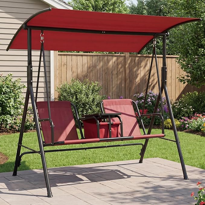 Porch Swing with Cup Holders & Pivot Storage Table & Cooler Bag with Adjustable Canopy for 2 Person Patio Swing for - Photo 9