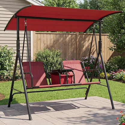 Porch Swing with Cup Holders & Pivot Storage Table & Cooler Bag with Adjustable Canopy for 2 Person Patio Swing for Backyard Balcony Poolside Red