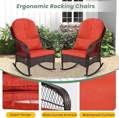 LVUYOYO Outdoor Wicker Rocking Chair of 2, Patio Rattan Rocker Chair with Cushions, Rocking Wicker Furniture Set for Deck, Porch, Garden, Backyard (Orange Red)