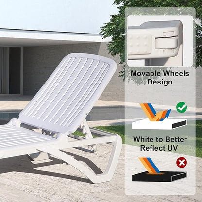Outdoor Chaise Lounge with Table, Plastic Adjustable Recliner in-Pool Lounger Tanning Lounge Chair with Table for in-Pool, Beach, Poolside, Lawn, White